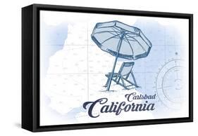 Carlsbad, California - Beach Chair and Umbrella - Blue - Coastal Icon-Lantern Press-Framed Stretched Canvas