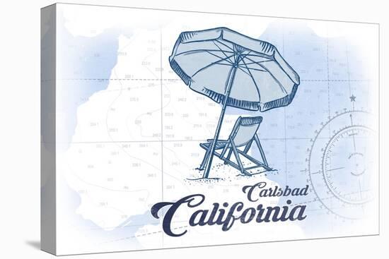 Carlsbad, California - Beach Chair and Umbrella - Blue - Coastal Icon-Lantern Press-Stretched Canvas