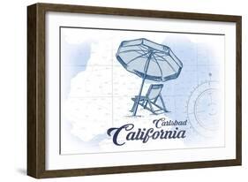 Carlsbad, California - Beach Chair and Umbrella - Blue - Coastal Icon-Lantern Press-Framed Art Print