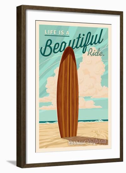 Carlsbad, California - Life is a Beautiful Ride Surfboard Letterpress-Lantern Press-Framed Art Print