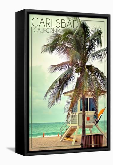 Carlsbad, California - Lifeguard Shack and Palm-Lantern Press-Framed Stretched Canvas