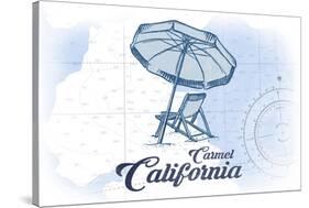 Carmel, California - Beach Chair and Umbrella - Blue - Coastal Icon-Lantern Press-Stretched Canvas