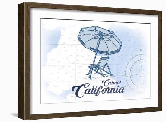 Carmel, California - Beach Chair and Umbrella - Blue - Coastal Icon-Lantern Press-Framed Art Print