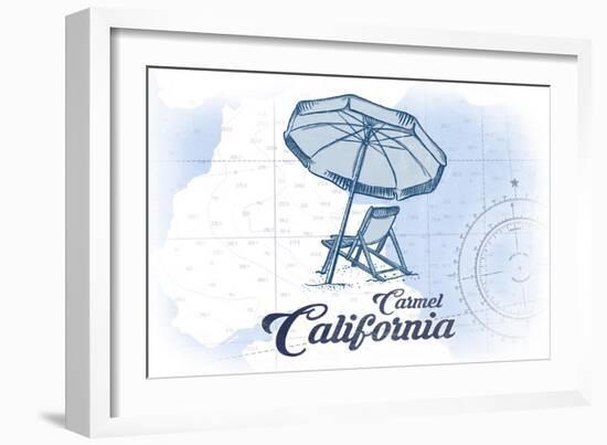 Carmel, California - Beach Chair and Umbrella - Blue - Coastal Icon-Lantern Press-Framed Art Print