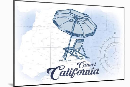 Carmel, California - Beach Chair and Umbrella - Blue - Coastal Icon-Lantern Press-Mounted Art Print