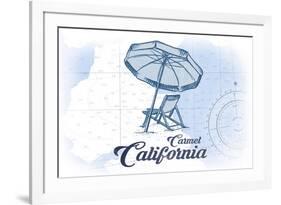 Carmel, California - Beach Chair and Umbrella - Blue - Coastal Icon-Lantern Press-Framed Premium Giclee Print