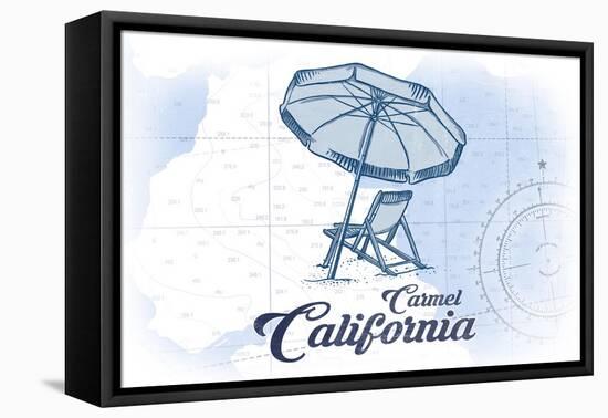 Carmel, California - Beach Chair and Umbrella - Blue - Coastal Icon-Lantern Press-Framed Stretched Canvas