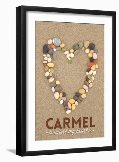 Carmel Is Where My Heart Is - California - Stone Heart on Sand-Lantern Press-Framed Art Print
