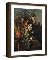 Carnations and Other Flowers with Parrots on a Pedestal-Pieter Casteels-Framed Giclee Print