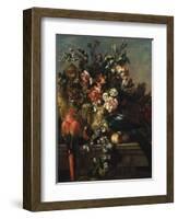 Carnations and Other Flowers with Parrots on a Pedestal-Pieter Casteels-Framed Giclee Print