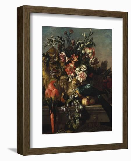 Carnations and Other Flowers with Parrots on a Pedestal-Pieter Casteels-Framed Giclee Print