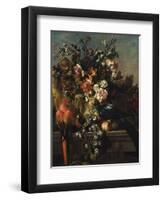 Carnations and Other Flowers with Parrots on a Pedestal-Pieter Casteels-Framed Giclee Print