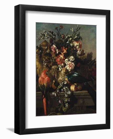 Carnations and Other Flowers with Parrots on a Pedestal-Pieter Casteels-Framed Giclee Print