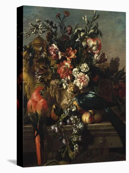 Carnations and Other Flowers with Parrots on a Pedestal-Pieter Casteels-Stretched Canvas