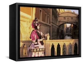 Carnival Costume and the Bridge of Sighs, Venice, Veneto, Italy-Simon Harris-Framed Stretched Canvas