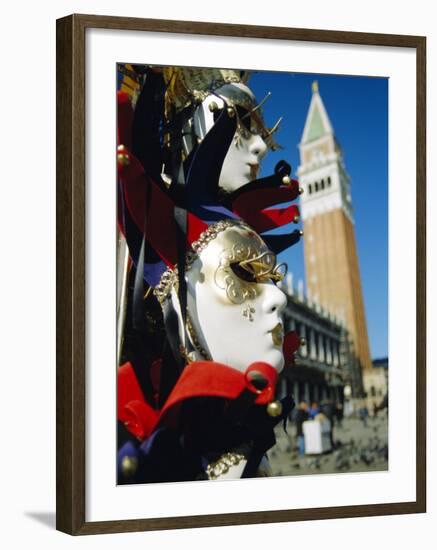 Carnival Masks on Souvenir Stand and Campanile, St. Marks Square, Venice, Veneto, Italy-Lee Frost-Framed Photographic Print