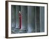 Carnival Model in Red Cape and Gold Mask Peering from Columns in St. Mark's Square, Veneto, Italy-Lee Frost-Framed Photographic Print