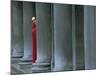 Carnival Model in Red Cape and Gold Mask Peering from Columns in St. Mark's Square, Veneto, Italy-Lee Frost-Mounted Photographic Print