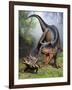 Carnotaurus Attacking an Antarctopelta Armored Dinosaur-Stocktrek Images-Framed Art Print