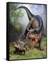 Carnotaurus Attacking an Antarctopelta Armored Dinosaur-Stocktrek Images-Framed Stretched Canvas