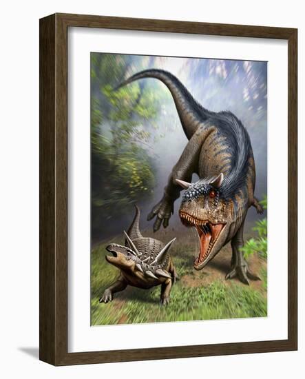 Carnotaurus Attacking an Antarctopelta Armored Dinosaur-Stocktrek Images-Framed Art Print