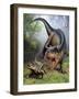 Carnotaurus Attacking an Antarctopelta Armored Dinosaur-Stocktrek Images-Framed Art Print