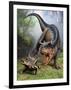 Carnotaurus Attacking an Antarctopelta Armored Dinosaur-Stocktrek Images-Framed Art Print