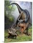 Carnotaurus Attacking an Antarctopelta Armored Dinosaur-Stocktrek Images-Mounted Art Print