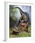 Carnotaurus Attacking an Antarctopelta Armored Dinosaur-Stocktrek Images-Framed Art Print