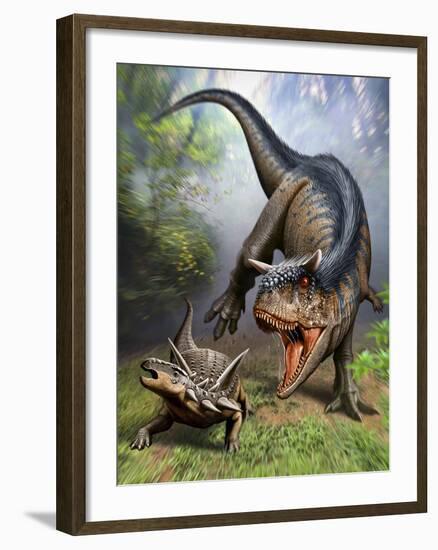 Carnotaurus Attacking an Antarctopelta Armored Dinosaur-Stocktrek Images-Framed Art Print