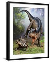 Carnotaurus Attacking an Antarctopelta Armored Dinosaur-Stocktrek Images-Framed Art Print