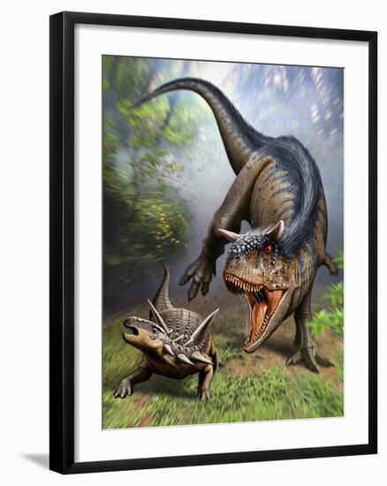 Carnotaurus Attacking an Antarctopelta Armored Dinosaur-Stocktrek Images-Framed Art Print