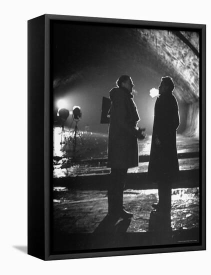 Carol Reed Coaching Orson Welles as They Stand Against Floodlights During Filming "The Third Man."-William Sumits-Framed Stretched Canvas