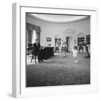 Caroline and John Jr. Dance in the Oval Office as President Kennedy Claps. 1962-null-Framed Photo