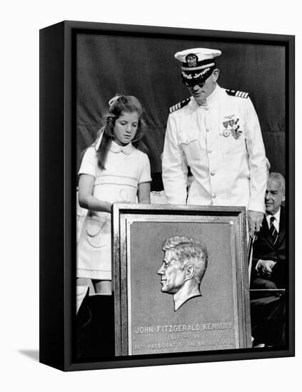 Caroline Kennedy and Capt Earl Yates, Commander of Aircraft Carrier, USS John F Kennedy-null-Framed Stretched Canvas