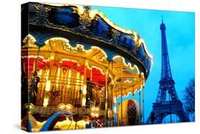 Carousel near Eiffel Tower in Paris-TEA-Stretched Canvas
