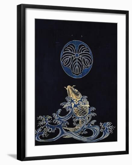 Carp in Waves with Family Crest in Form of Oak Leaf-null-Framed Giclee Print