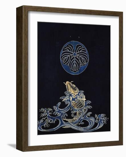 Carp in Waves with Family Crest in Form of Oak Leaf-null-Framed Giclee Print
