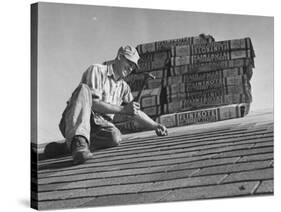 Carpenter Putting Roof on New House That Is Part of a Housing Project-George Skadding-Stretched Canvas