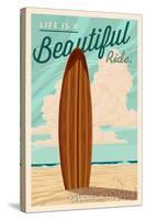 Carpinteria, California - Life is a Beautiful Ride Surfboard Letterpress-Lantern Press-Stretched Canvas