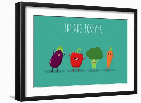 Carrot, Broccoli, Pepper, Eggplant Cartoon Vegetables Illustration. Vector Cartoon. Friends Forever-Serbinka-Framed Art Print