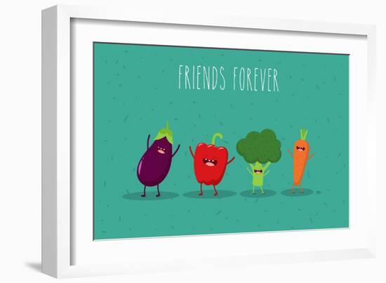 Carrot, Broccoli, Pepper, Eggplant Cartoon Vegetables Illustration. Vector Cartoon. Friends Forever-Serbinka-Framed Art Print