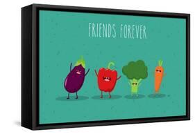 Carrot, Broccoli, Pepper, Eggplant Cartoon Vegetables Illustration. Vector Cartoon. Friends Forever-Serbinka-Framed Stretched Canvas