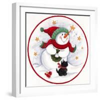 Carrot Nose Snowman with Black Dog-Beverly Johnston-Framed Giclee Print