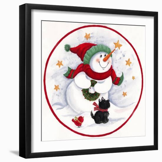 Carrot Nose Snowman with Black Dog-Beverly Johnston-Framed Giclee Print