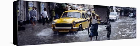 Cars and a Rickshaw on the Street, Calcutta, West Bengal, India-null-Stretched Canvas