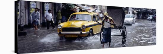 Cars and a Rickshaw on the Street, Calcutta, West Bengal, India-null-Stretched Canvas