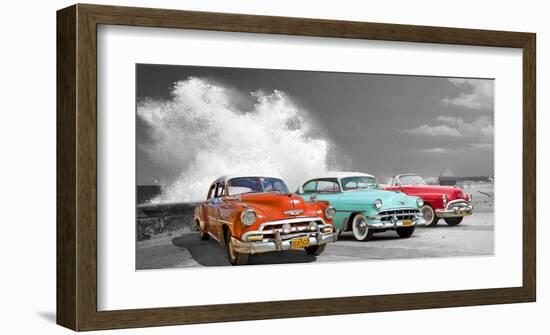 Cars in Avenida de Maceo, Havana, Cuba (BW)-Pangea Images-Framed Giclee Print