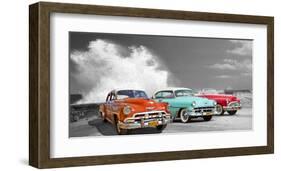 Cars in Avenida de Maceo, Havana, Cuba (BW)-Pangea Images-Framed Giclee Print