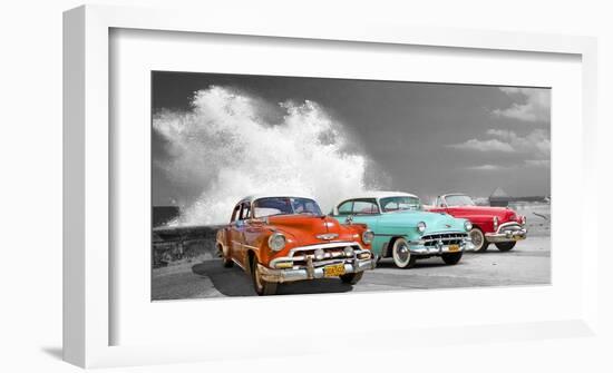 Cars in Avenida de Maceo, Havana, Cuba (BW)-Pangea Images-Framed Giclee Print